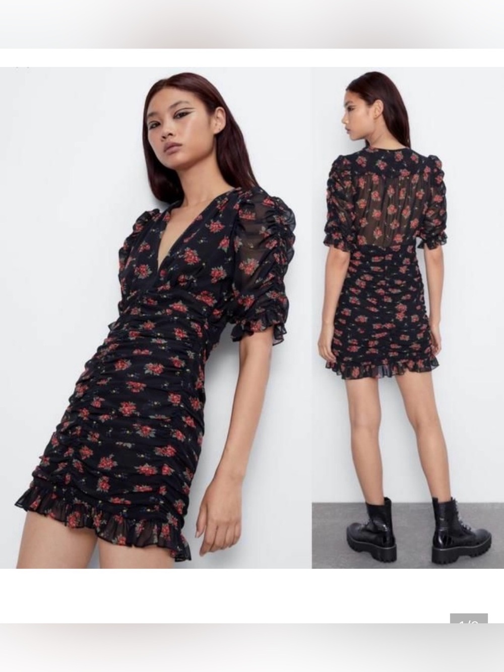 Zara Black Mini Dress with Red Floral Print